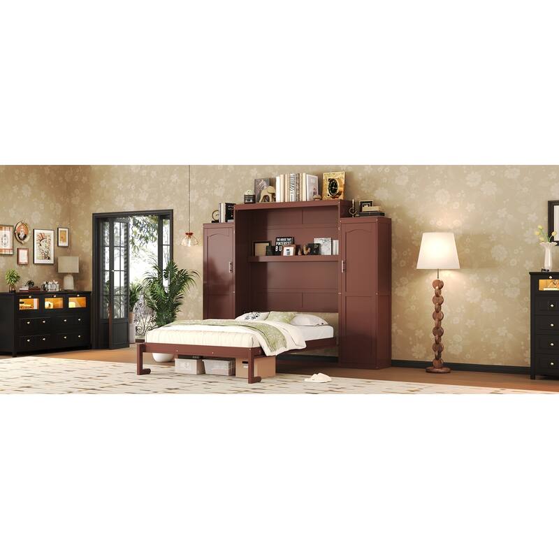 Queen Size Foldable Wall Bed with Wardrobes and Storage Shelf, Multifunctional Space-Saving Platform Bedframe in Walnut Finish