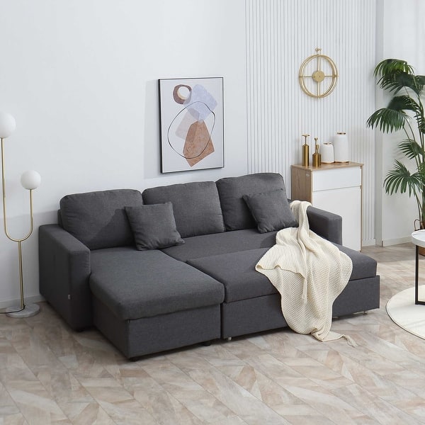 slide 2 of 18, HOMCOM Sectional Sleeper Sofa, Linen Fabric L Shaped Couch with Pull out Bed, Reversible Storage Chaise, 3-seat, Dark Grey