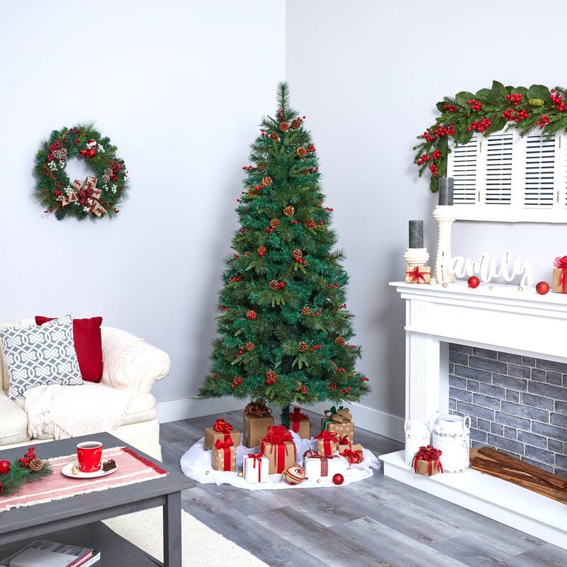 7ft. Mixed Pine Artificial Christmas Tree with 350 Clear LED Lights, Pine Cones & Berries - Festive Holiday X-Mas Tree