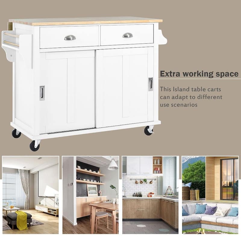 Rubberwood Folding Countertop Kitchen Cart with 2 Drawers and Storage Cabinet
