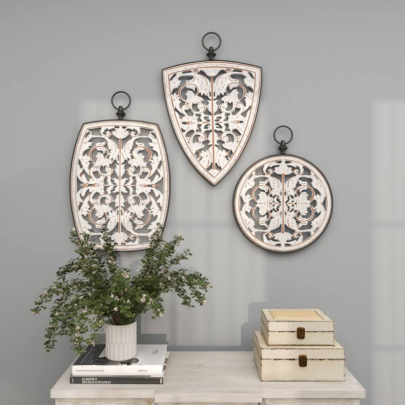 Wooden Floral Carved Design Home Wall Decor with Ring Hanger - Set of 3 White - Roche River Decor