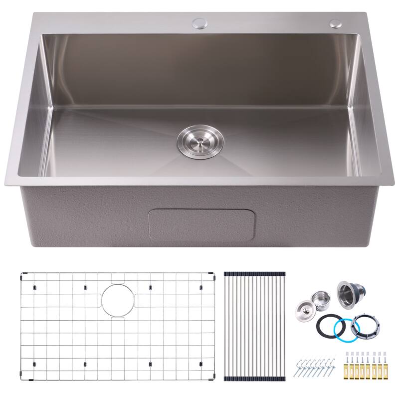 30 in. Drop-In/Undermount Single Bowl 16 Gauge Brushed 304 Stainless Steel Kitchen Sink with Accessories
