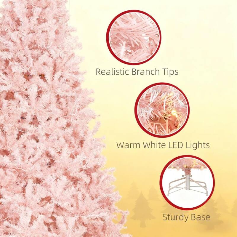 Artificial Christmas Tree - Realistic Branches, Warm White LED Lights - Pink