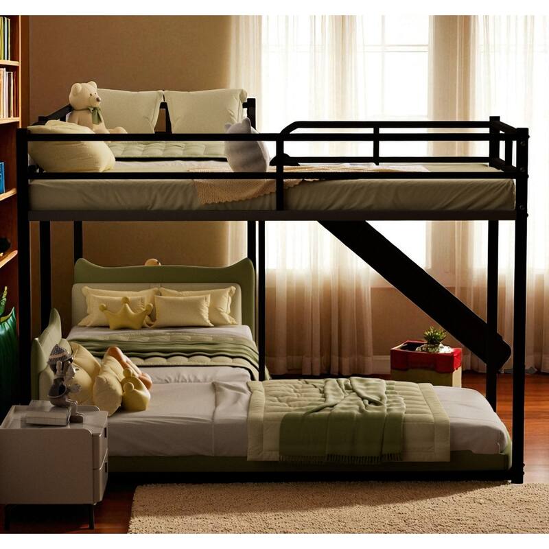 L-Shaped Metal Bunk Bed with Slide and Short Ladder, Space-Saving Twin Bunk Bed Frame for Kids or Teens