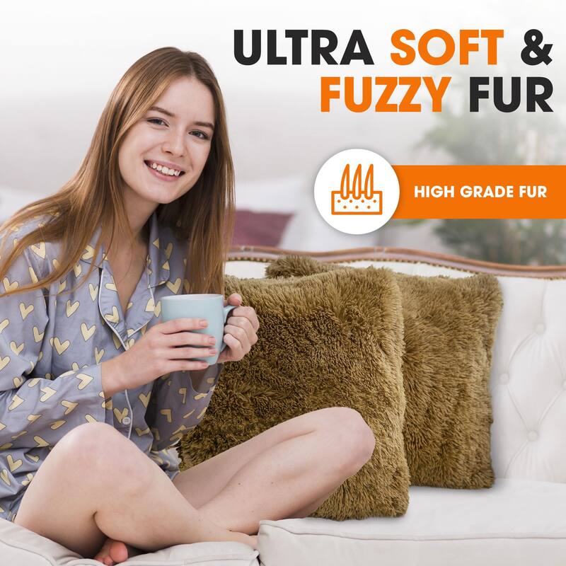Cheer Collection Super Soft Shaggy Long Hair Throw Pillows Set of 2 Plush Accent Cushions