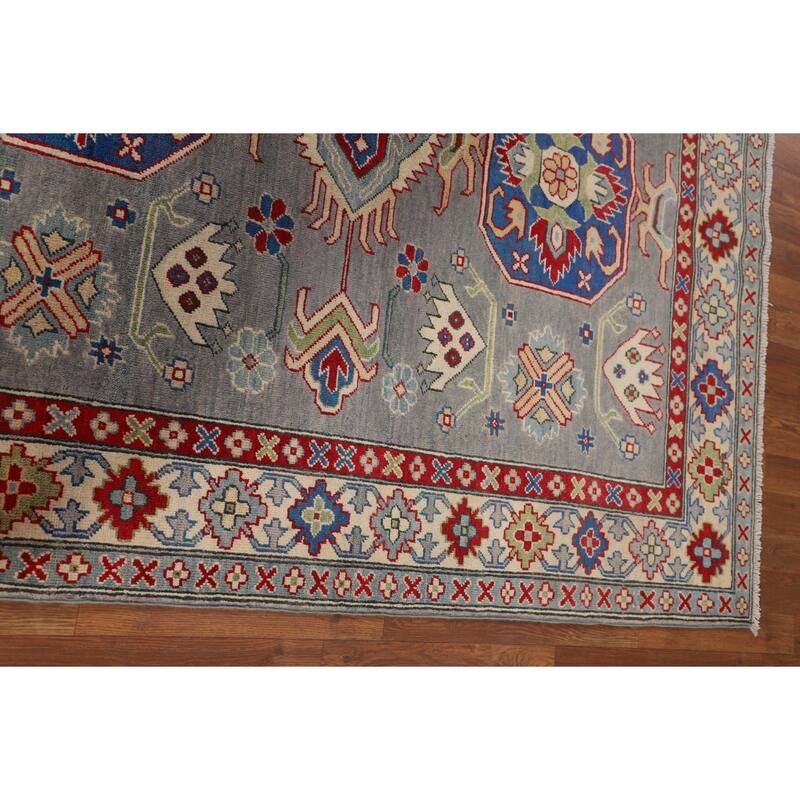 Gray Geometric Kazak Area Rug Hand-Knotted Wool Carpet - 5'2" x 6'7"