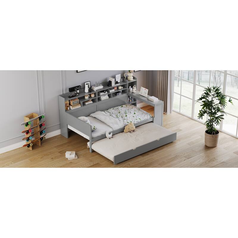 Multi-functional Wooden Twin Size Daybed with Storage, Trundle Bed, and Study Desk in Gray