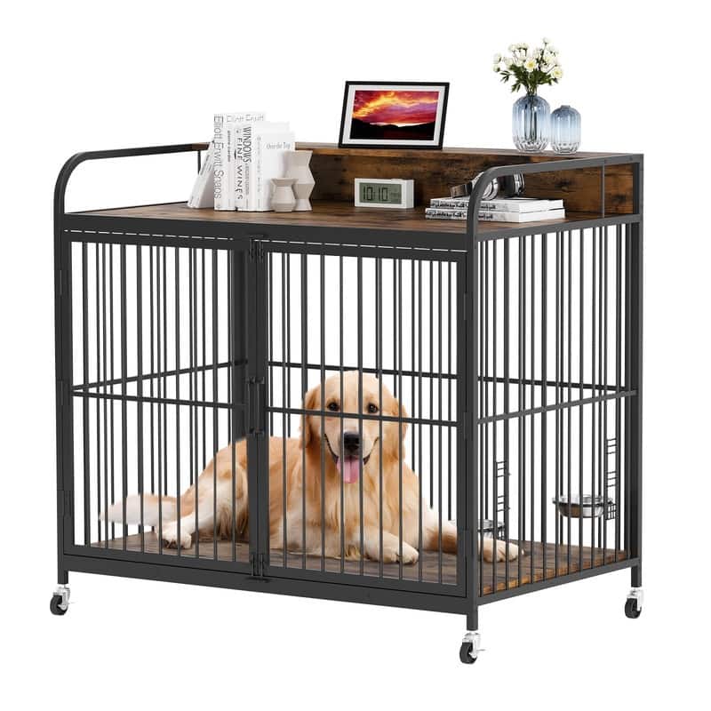 Large Dog Kennel Crate Furniture with 360° Adjustable Elevated Feeder Wheels