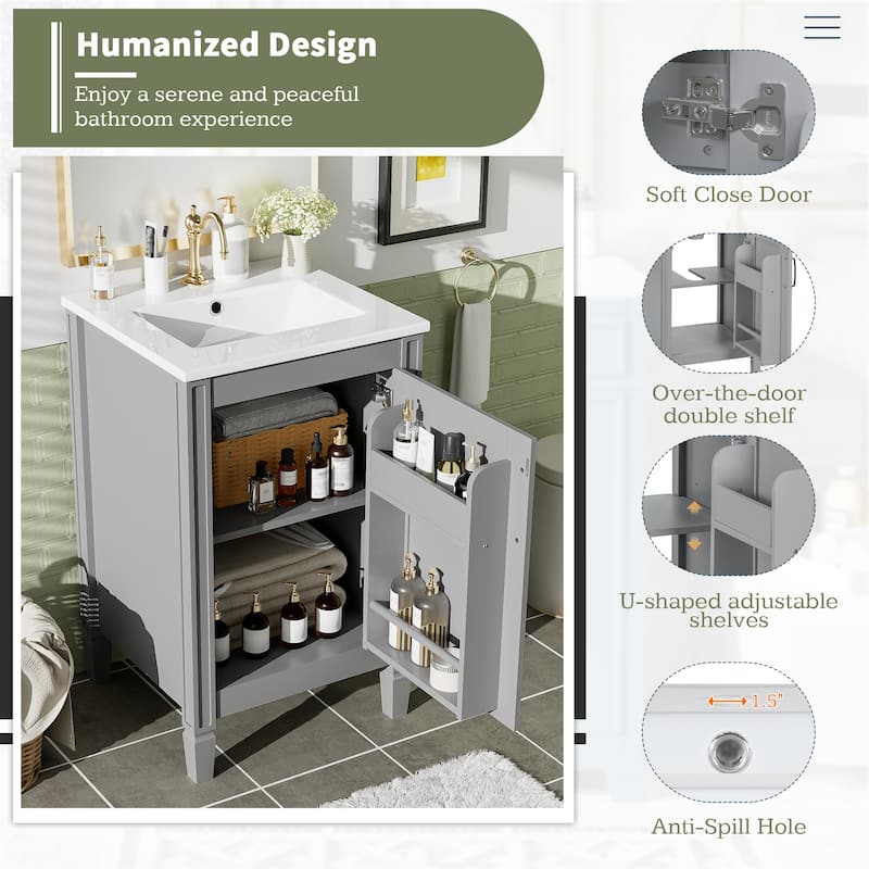 GDFStudio - Noa Wood & Ceramic 20" Bathroom Vanity with Sink, Soft-Close Door, Shelf & Storage Rack