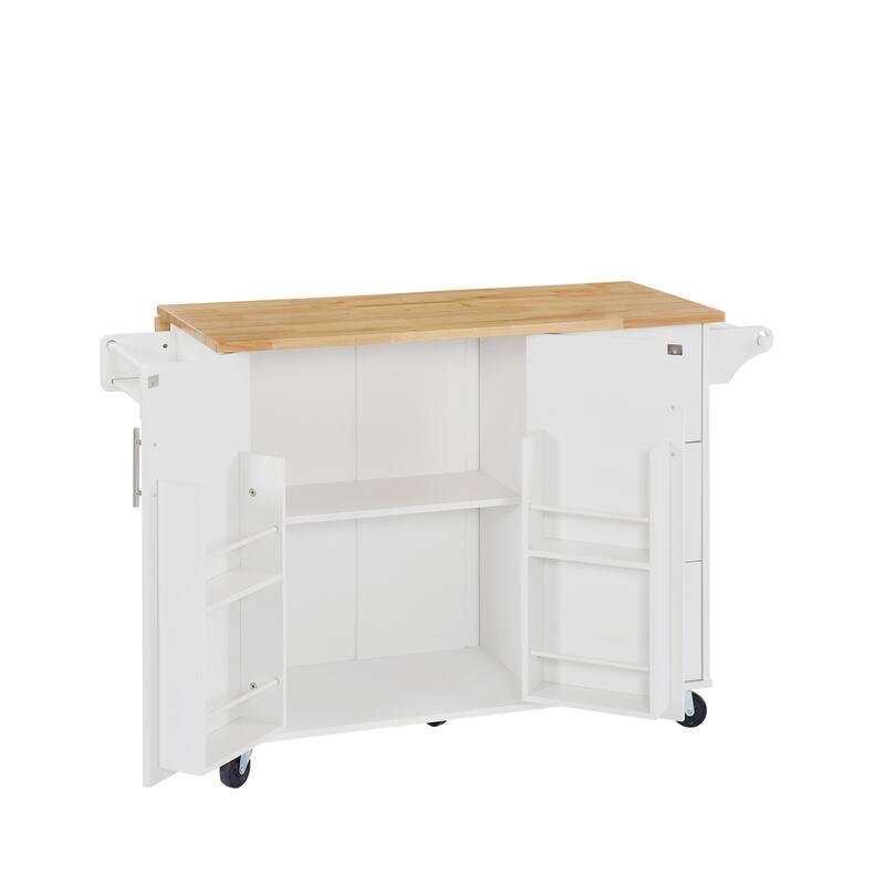 Anmytek White Rolling Kitchen Cart with Bamboo Top Drop Leaf Mobile Island Storage for Small Spaces