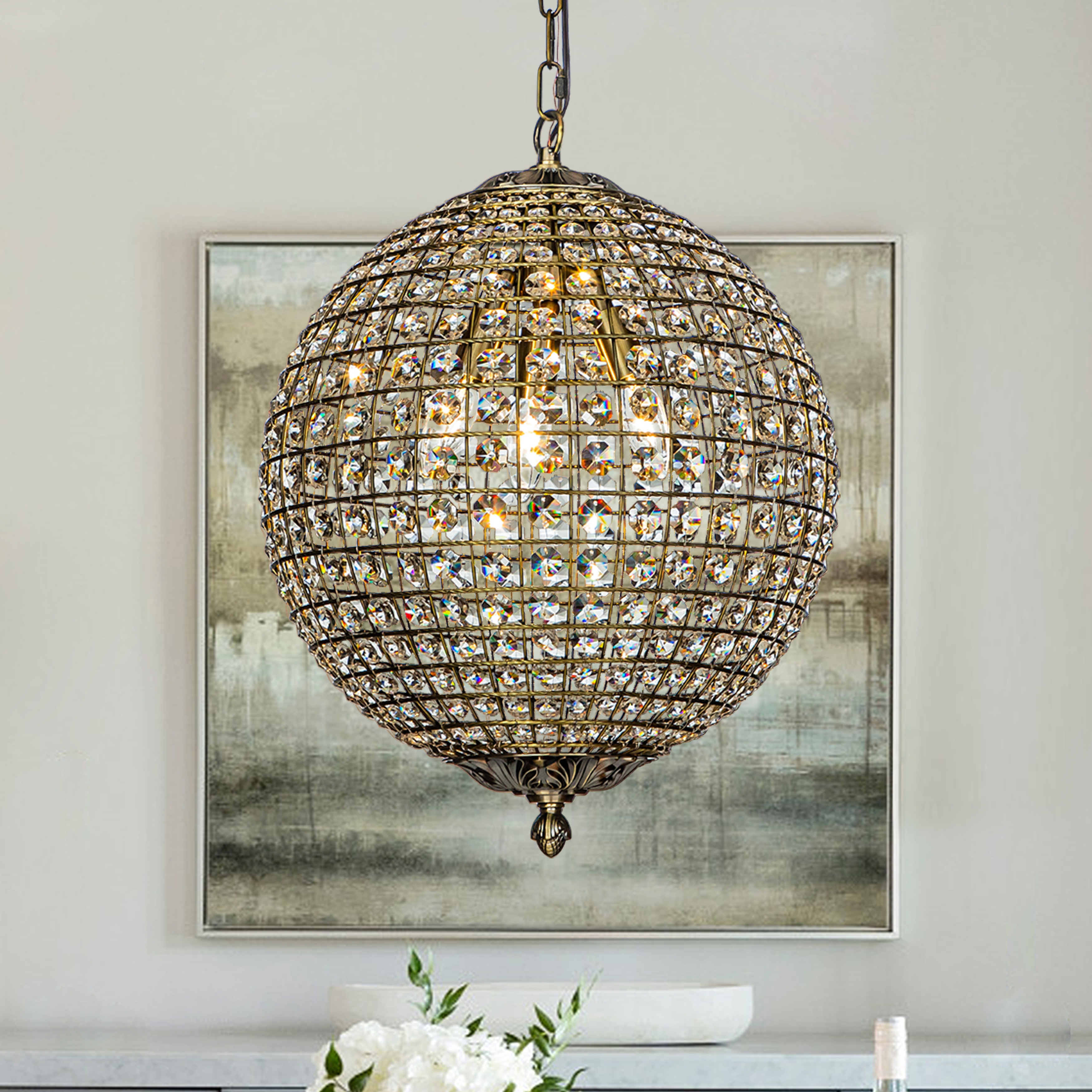 1 3 Light Retro Antique Gold Crystal Globe Chandelier Small Sphere
