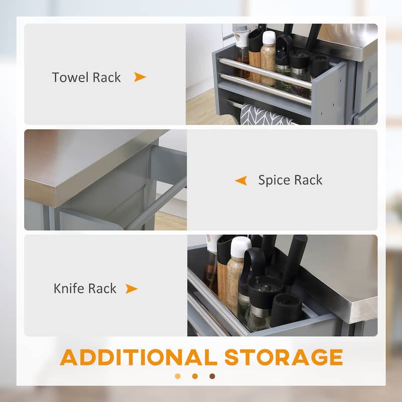 Rolling Kitchen Island with Storage, Portable Kitchen cart with Stainless Steel Top, 2 Drawers