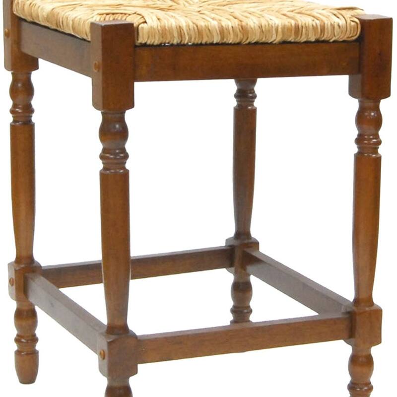 Solid Wood Rush Seat Backless Counter Height Stool with Footrest