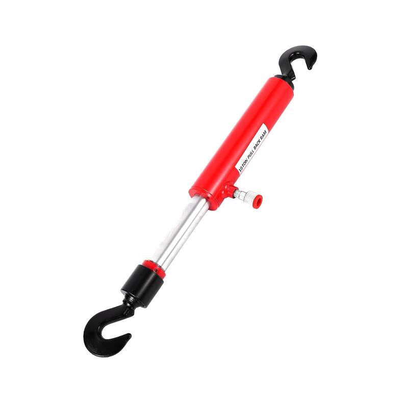 26" 10-Ton Hydraulic Pull Back Ram for Auto Body Repair – Heavy Duty Frame Straightener Cylinder with Swivel Hooks - Red