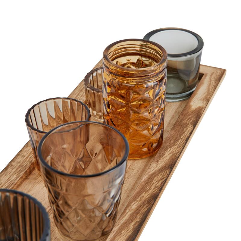 Wood Tray with 9 Blue & Green Glass Votive Holders