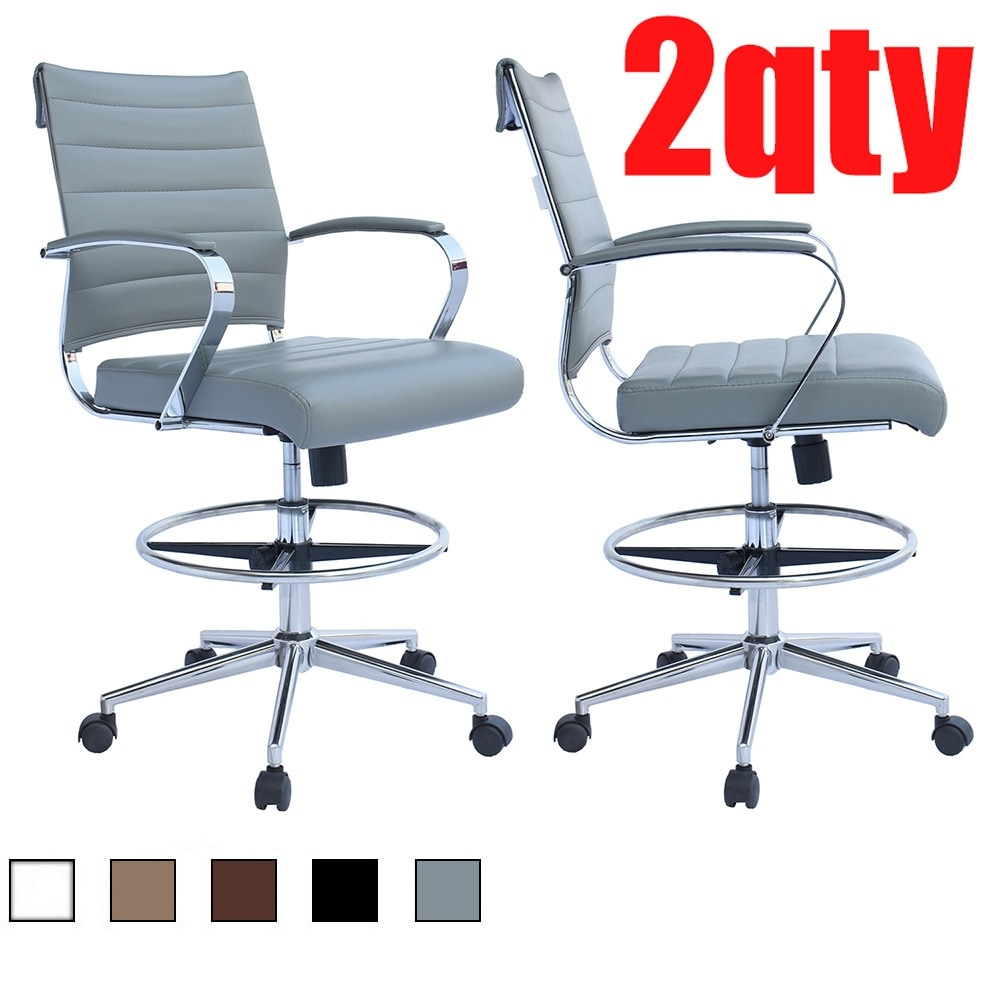 Set of 2 Modern Designer Ergonomic Office Drafting Chair With Arms Ribbed Computer Gray