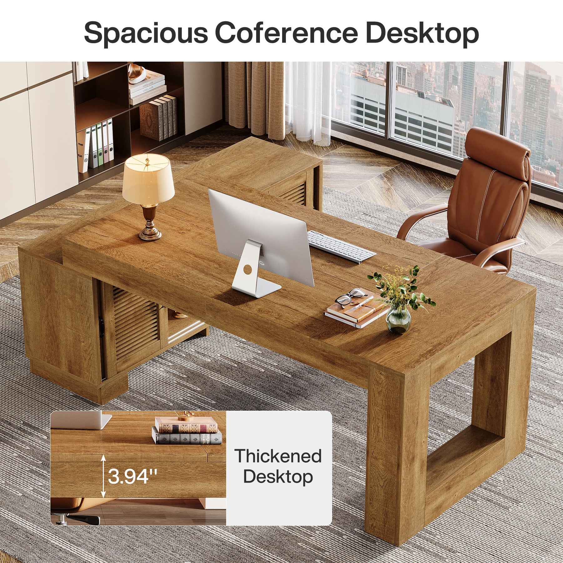 L Shaped Executive Desk with Storage Cabinets and 2-Tier Shelf