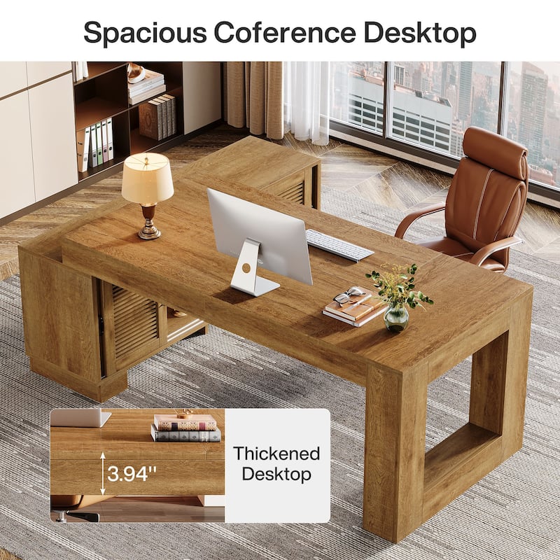 L Shaped Executive Desk with Storage Cabinets and 2-Tier Shelf