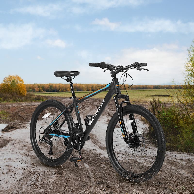 26 Inch Mountain Bike with Steel Suspension Frame 21 Speed Drivetrain, Disc Brakes for Trail and Urban Riding - Blue