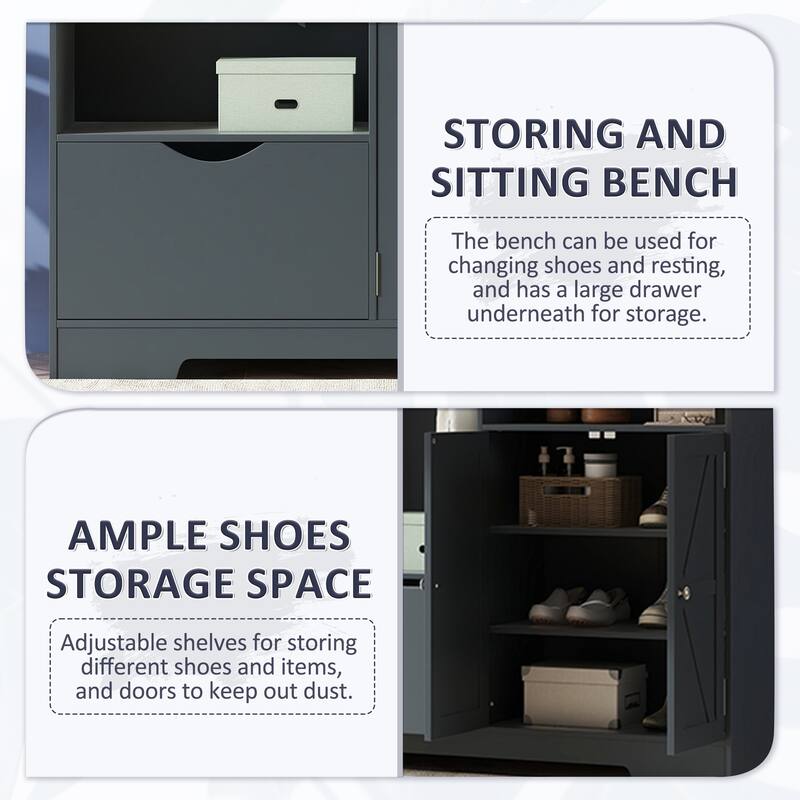 Multi-functional Hall Tree with Storage Shelves Drawers and Cabinet, Elegant Hallway Shoe Cabinet with Bench, Modern Coat Rack