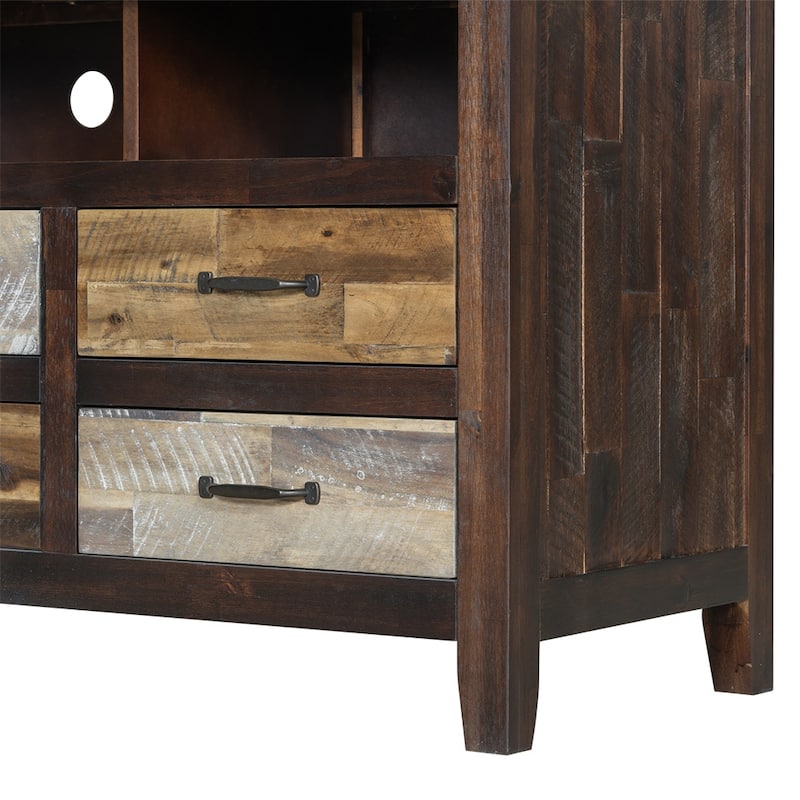 Distressed Wood TV Stand with 6 Drawers and 3 Shelves