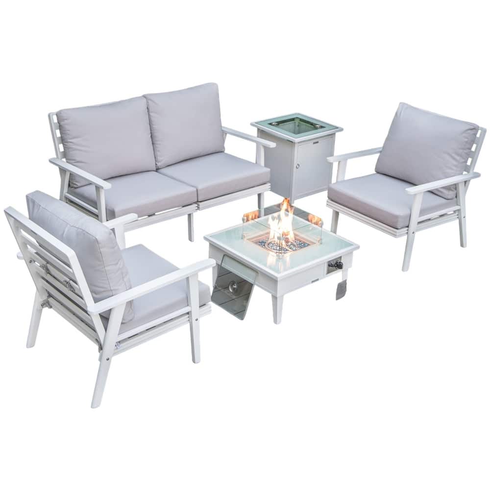 Walbrooke Modern 5-Piece Aluminum Patio Polyester Seating Furniture Set with 37,000 BTU Propane Fire Pit Table and Tank Holder