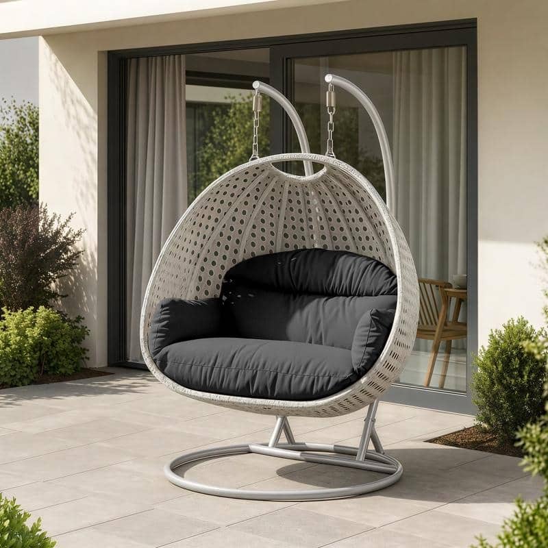 Mendoza 2-Person Hanging Egg Chair with Stand - Handcrafted All-Weather Wicker - Double Patio Swing with UV-Resistant Cushions