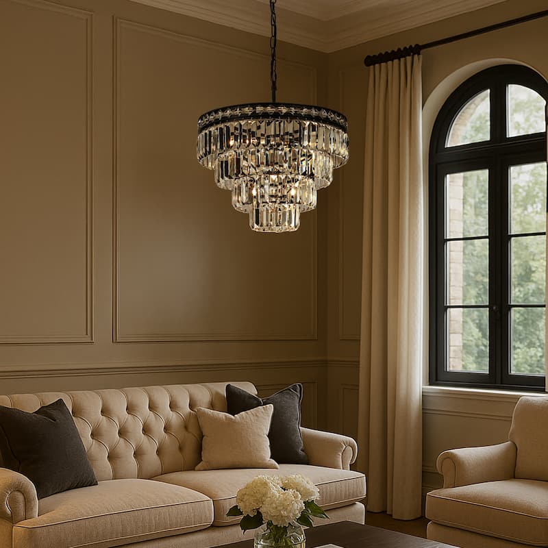 18'' Modern Classic Crystal Chandelier With Matte Black Finish 4-Light Tiered Pendant Ceiling Light For Dining Room Bedroom