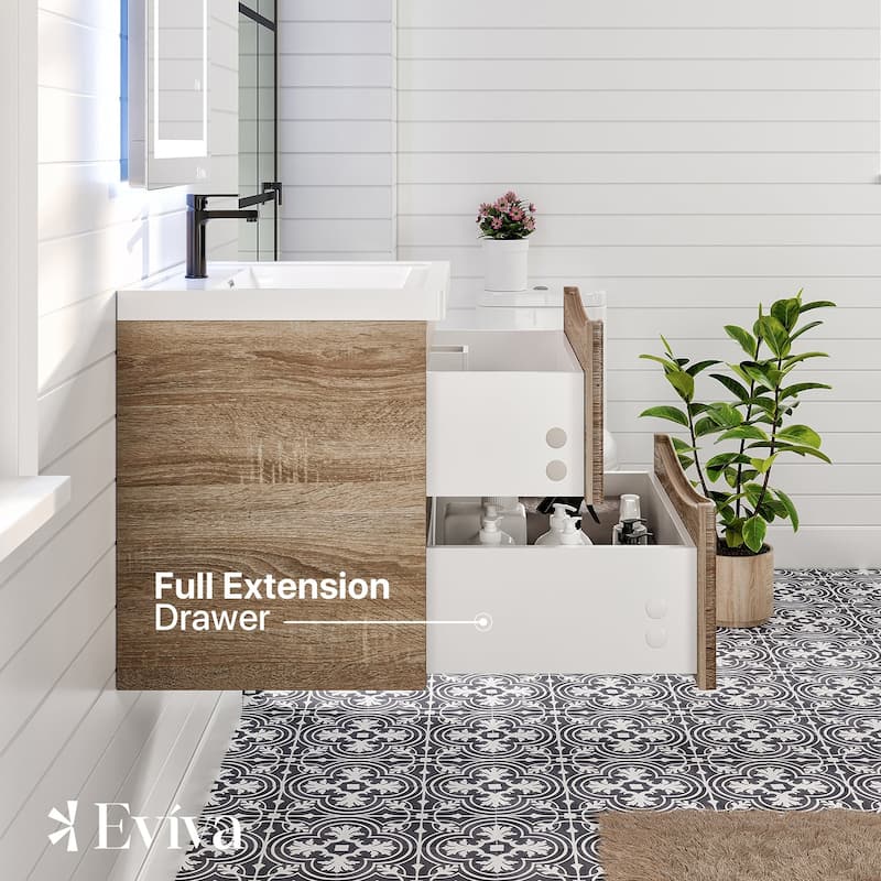 Eviva Smile 24"W White Oak Wall Mount Bath Vanity with Acrylic Top