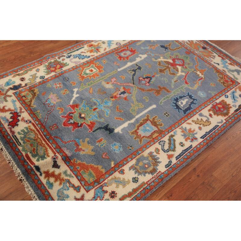 Blue Oushak Oriental Rug Transitional Handmade Wool Carpet - 4'1"x 5'11"