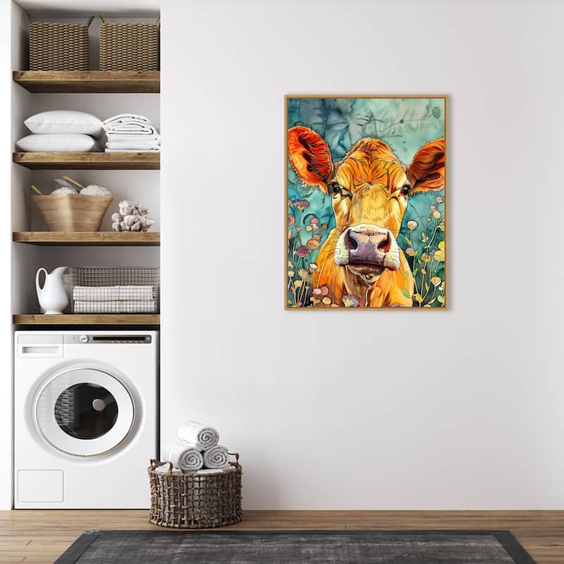Cow in Flowers by Justyna Jaszke Framed Canvas Wall Art