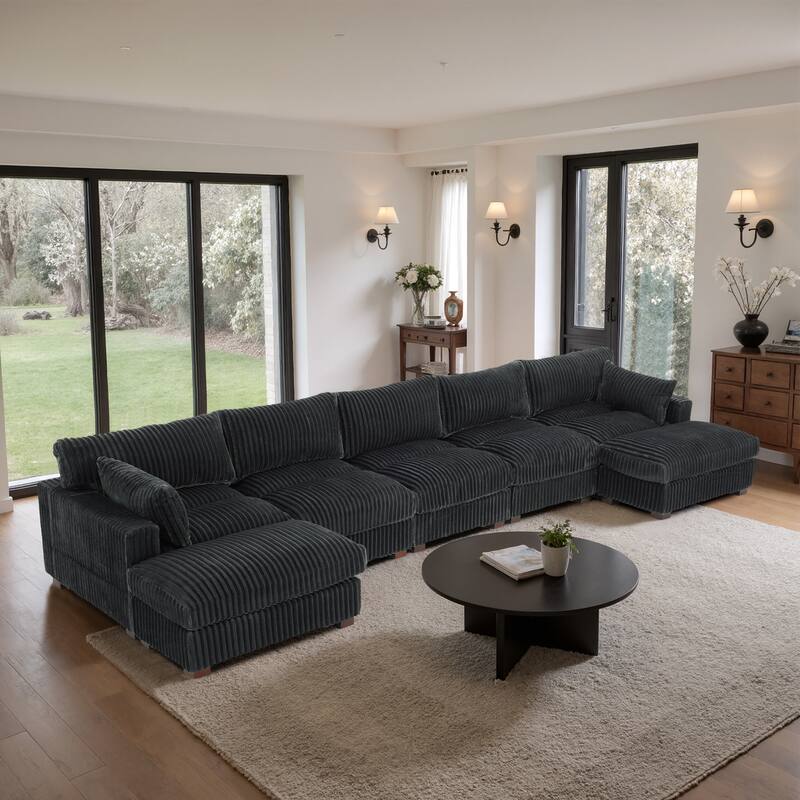 Plush Cotton Flannel Modular Sectional Sofa with 2 Ottomans