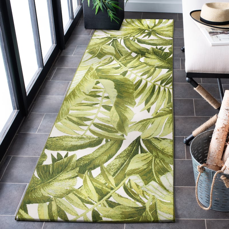 SAFAVIEH Barbados Floricica Tropical Indoor/Outdoor Waterproof Rug - 2'8" x 10'5" Runner - Ivory/Green