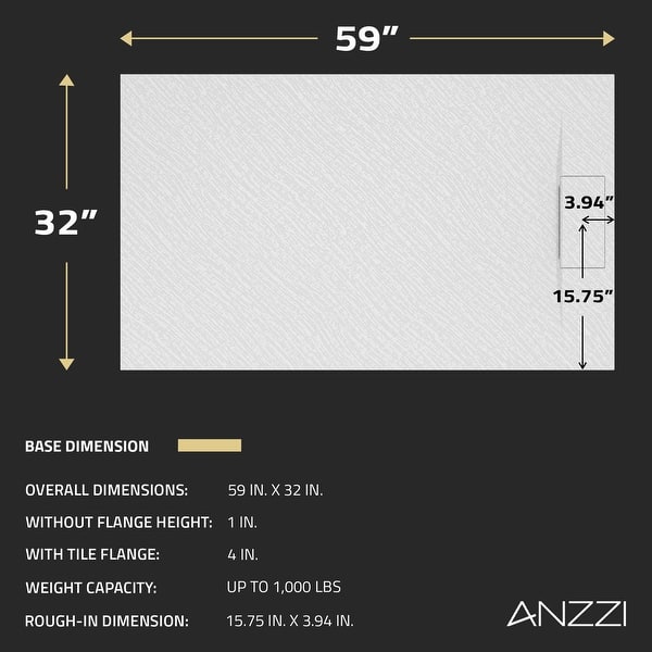 dimension image slide 1 of 4, ANZZI Borderless Series 59 in. Barrier-Free Curbless Shower Base with Reversible Drain, Slip-Resistant & ADA Compliant