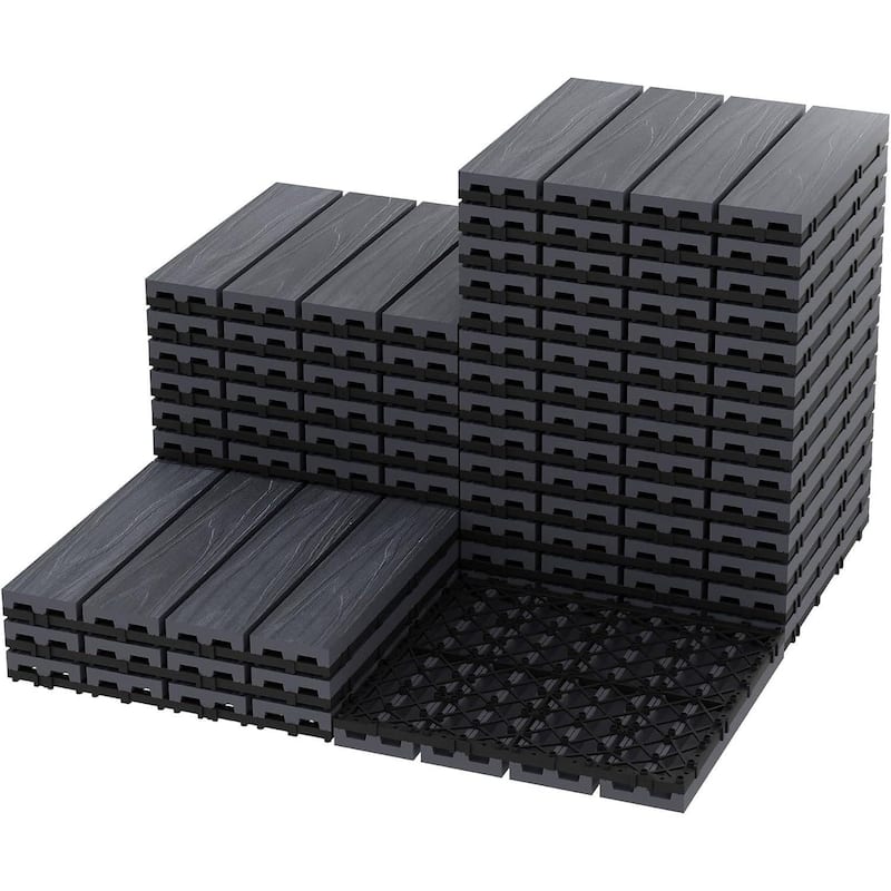 27-Pack All-Weather Plastic Wood-Grain 12"X12" Composite Interlock Deck Tiles Flooring - Grey