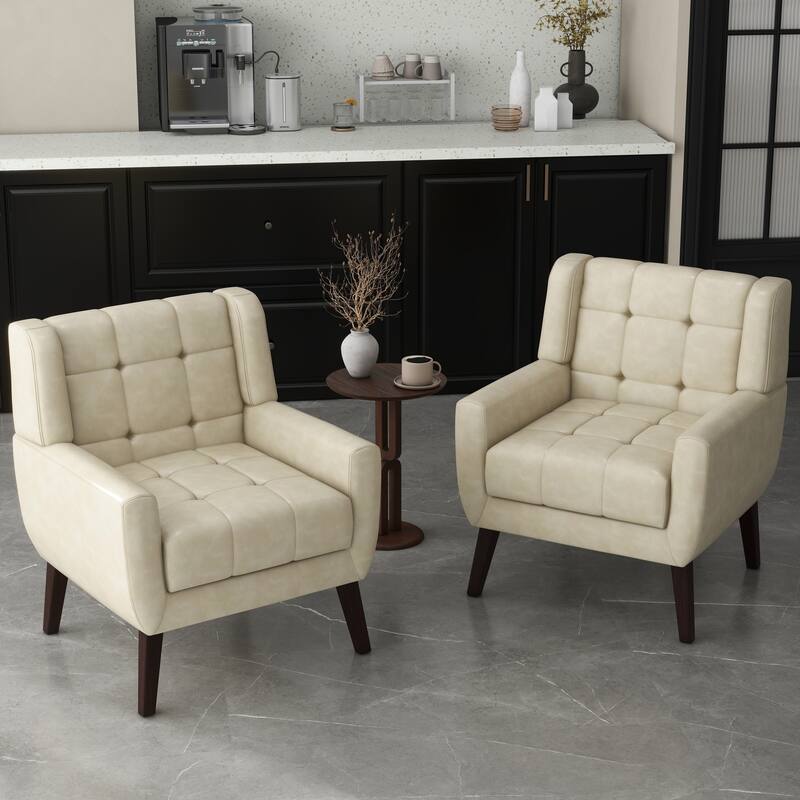 Set of 2 Tufted Upholstered Accent Armchair - Cream-PU Leather