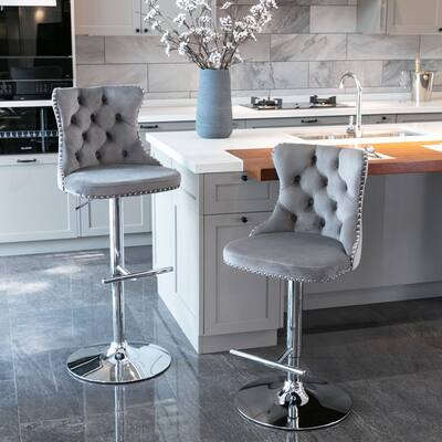 Modern Upholstered Chrome Base Bar Stools W/ Tufted Adjustable Swivel Bar Stools for Kitchen Island Home Bar (Set of 2), Grey