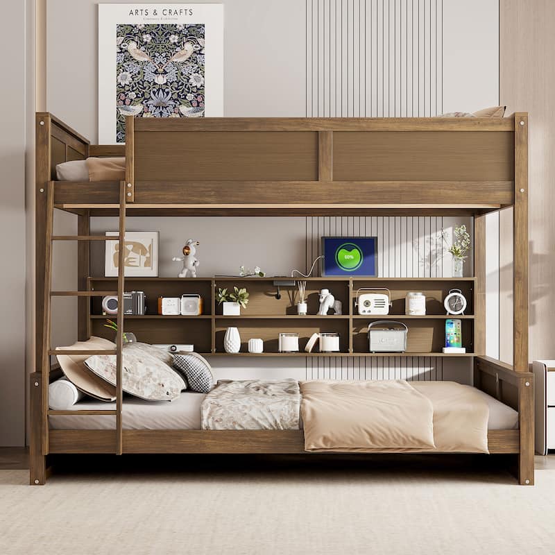 Twin&Full XL over Queen Bunk Bed with Storage Cabinets and USB Ports - WOOD