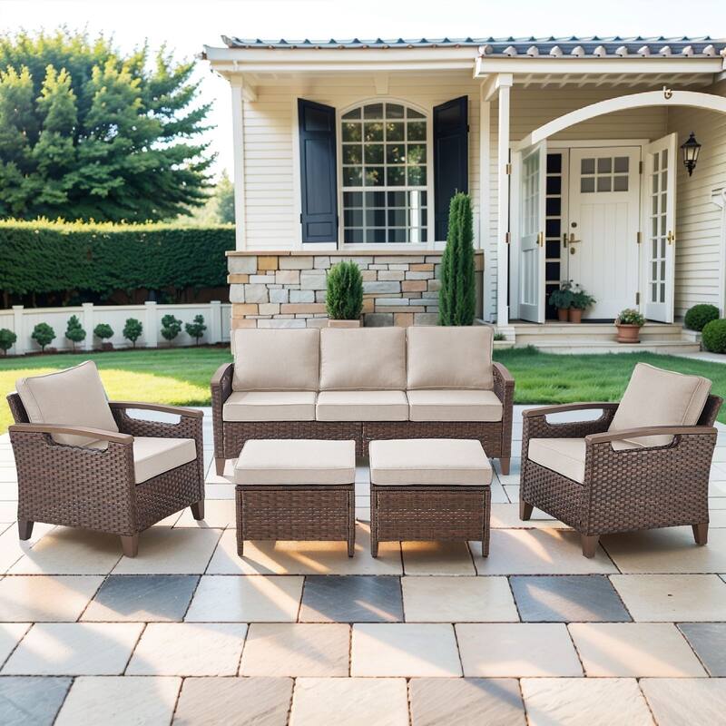 Pocassy Outdoor Brown Wicker Funitre with Cushion Set - Beige Cushion - 3-Seat Sofa with Club Chair Ottoman Set