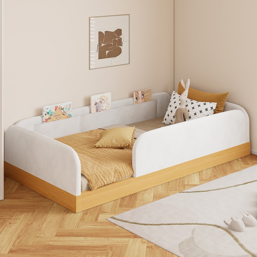 Twin Size Velvet Upholstered Montessori Bed for Kids Floor Bed with Guardrail Built-in 3 Storage Pockets, Toddler Daybed