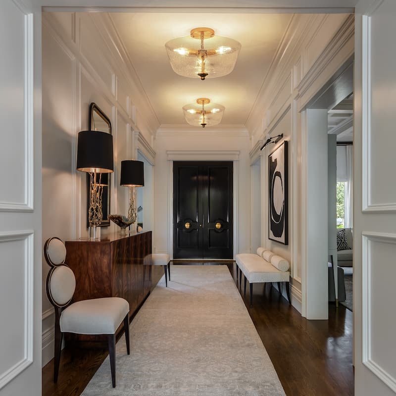 Modern Transitional 3-Light Seeded Glass Drum Flush Mount Foyer Ceiling Lights - Brass