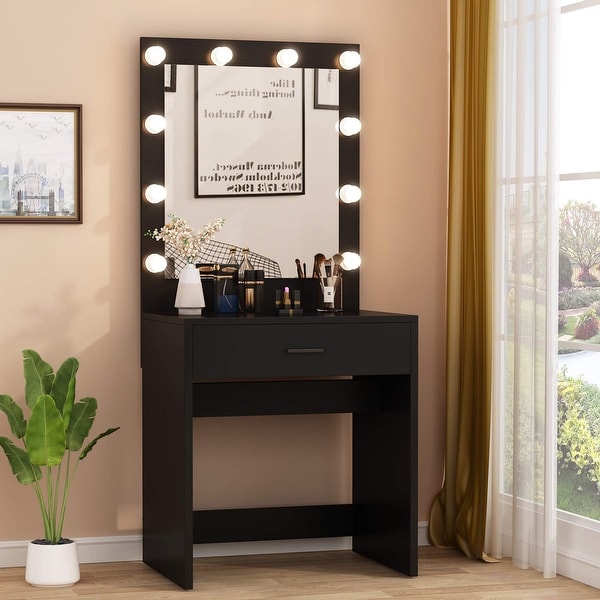 Vanity Table Makeup Table with 10 Warm Light Bulbs and Large Drawer. Opens flyout.