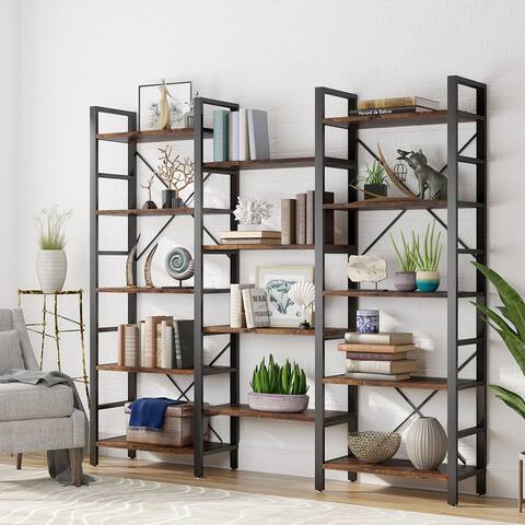 Triple Wide 5-Shelf Bookcase, Etagere Large Open Bookshelf Vintage Industrial Style Shelves