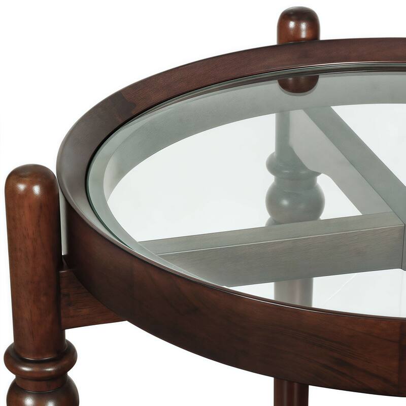 Modern Round Glass End Table – Dual-Level Design with Decorative Wooden Shelf
