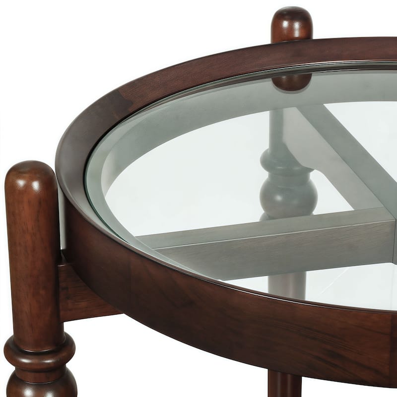 Round Glass Top Side Table with Wooden Shelf