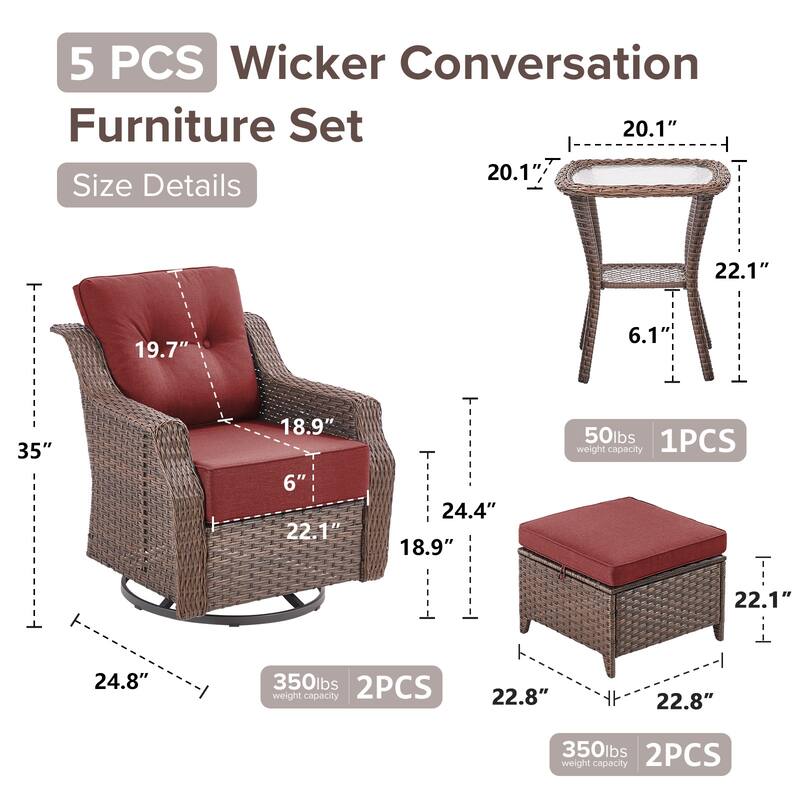 Gymojoy 5-Piece Wicker Patio Furniture Set, 6-Inch Ultra Thick Cushioned 360° Swivel Glider Chairs