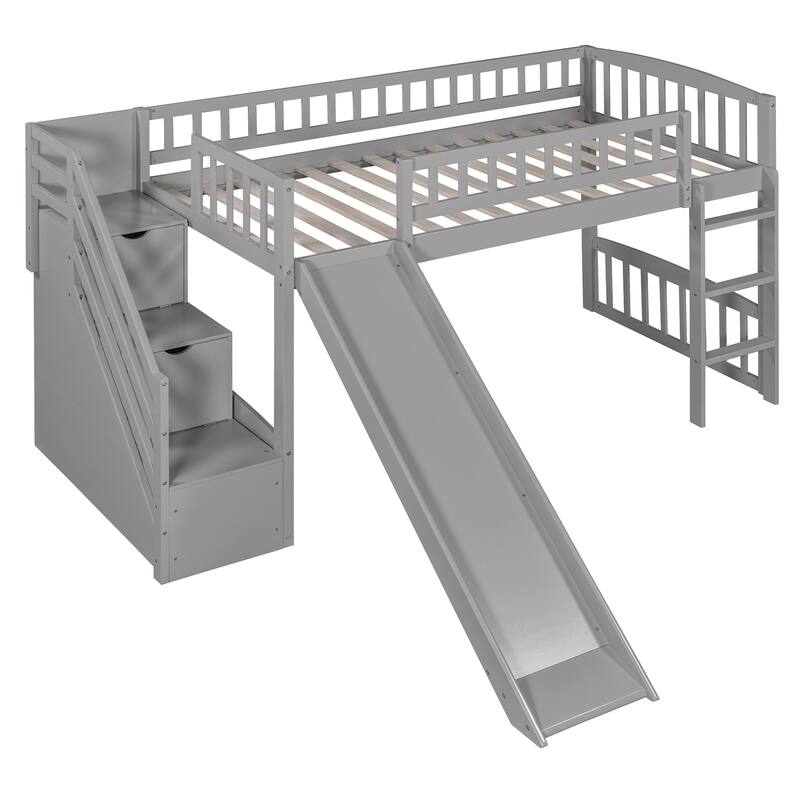 Merax Stairway Twin Size Loft Bed with Slide and Two Drawers