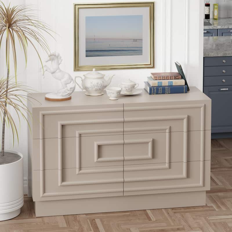 COZAYH Sculptural Mid-Century Modern Dresser & Nightstand with Geometric Square Pattern, Contemporary Chest and Bedside Table - Taupe - 6-drawer