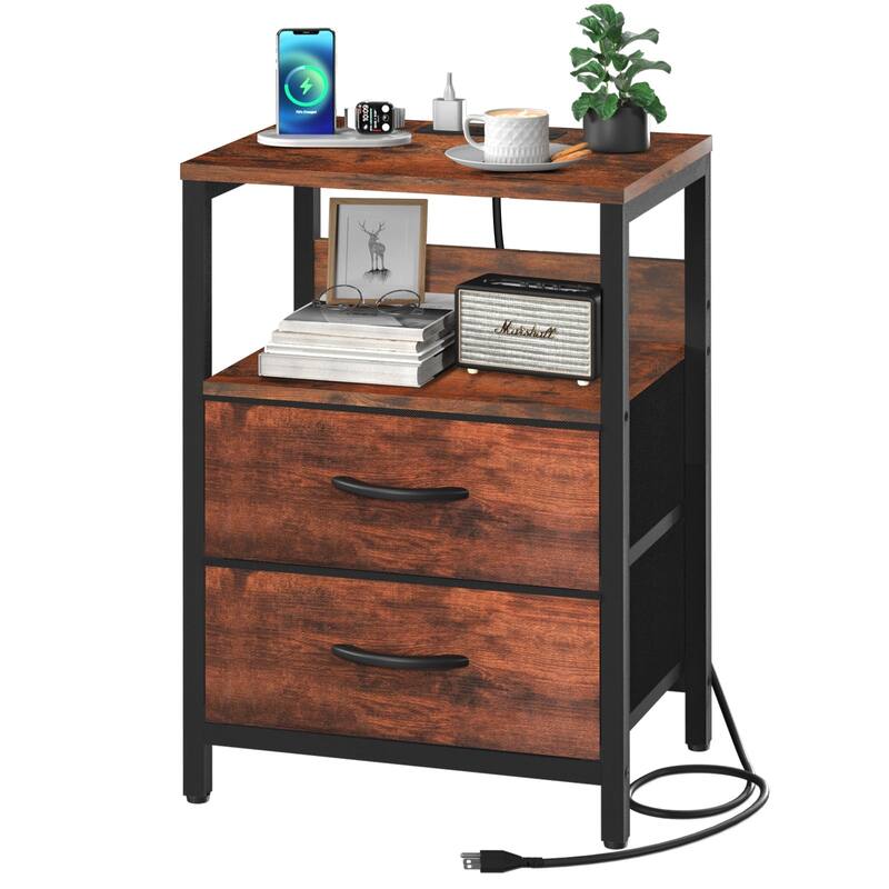 Nightstand with Charging Station, Small Night Stand with Fabric Drawers,Small Spaces Bedside Table with USB Ports & Outlets