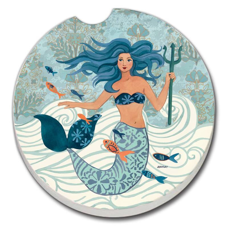 Counterart Absorbent Stoneware Car Coaster, Mermaid Island, Set of 2 - 2.5